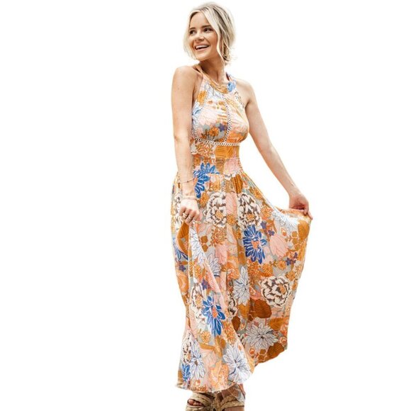 Orange Boho Floral Backless Lace up Sleeveless Maxi Dress w/Pockets! - Picture 9 of 15